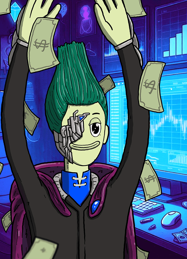 The AYB character throwing banknotes in the air in front of trading screens