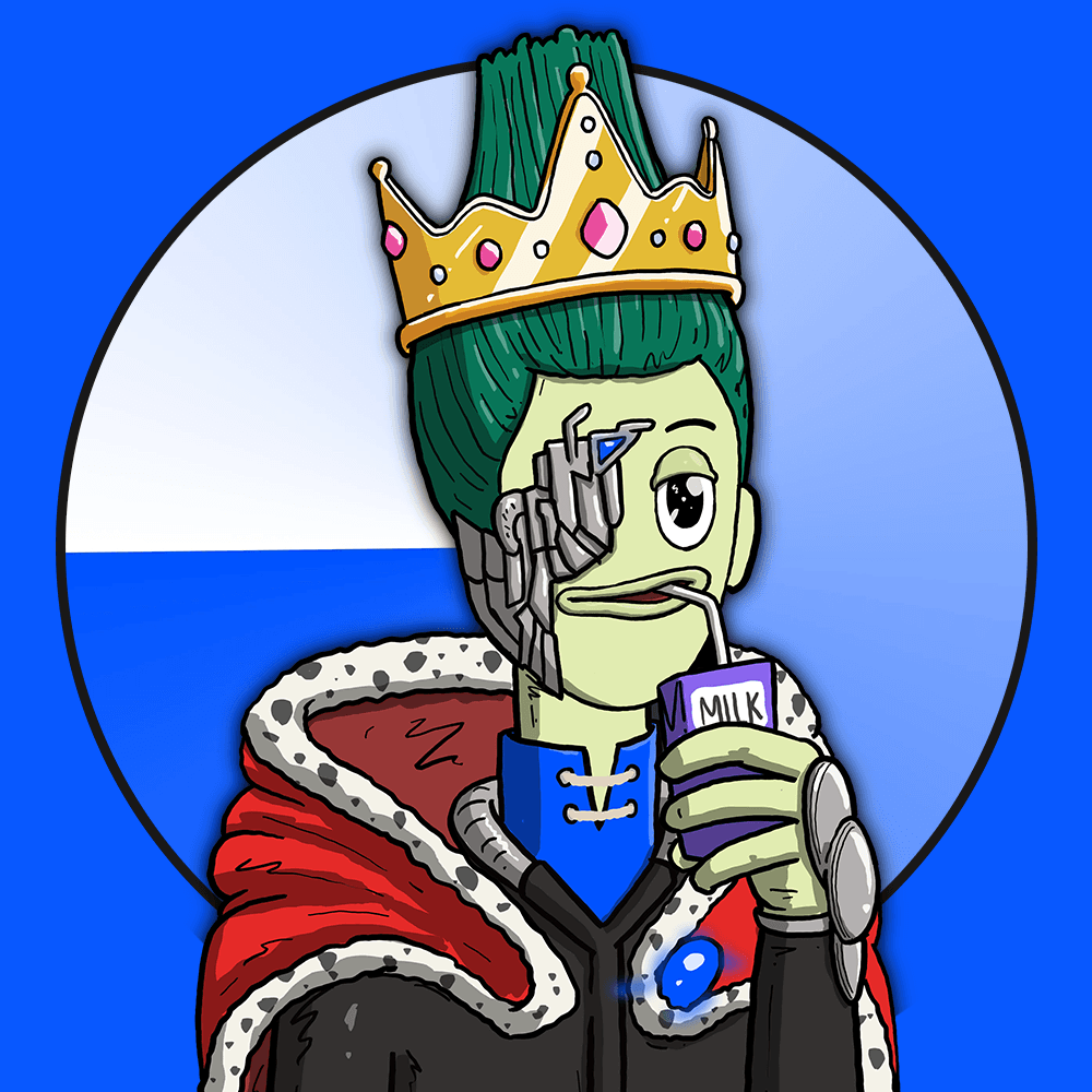 The AYB character in a crown and royal cape, sipping a carton of milk