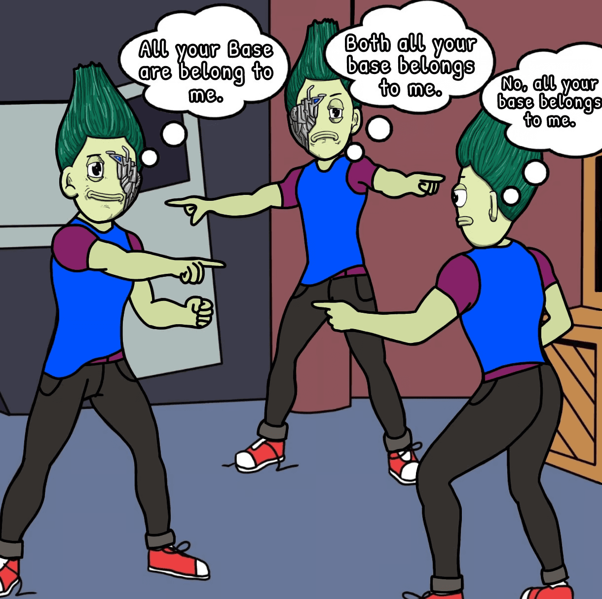 Three AYB characters pointing at each other, each thinking: all your base belongs to me