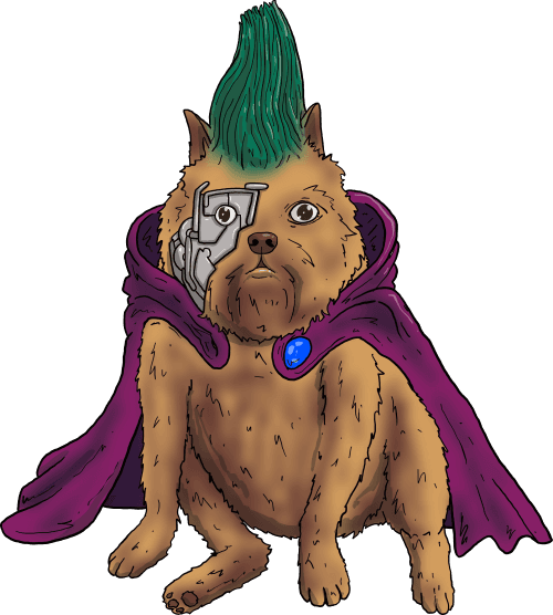 The AYB pup: a cyborg dog with the green mohawk, metal eye and purple cape